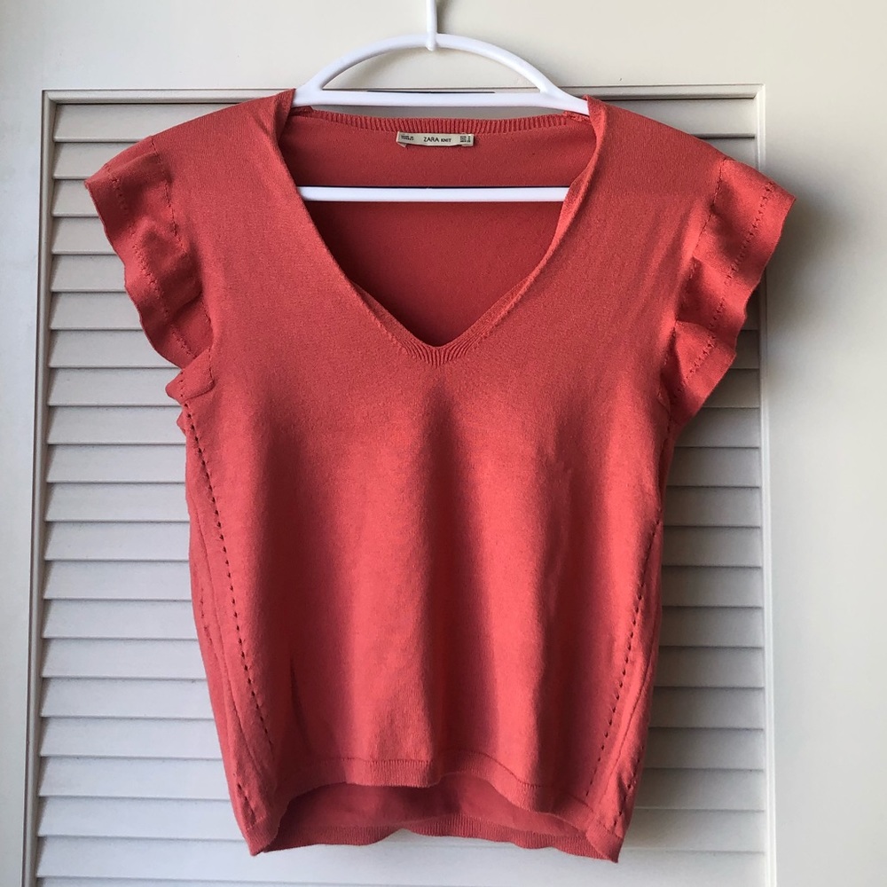 Zara Knit Ruffle Sleeve Top Coral Size S